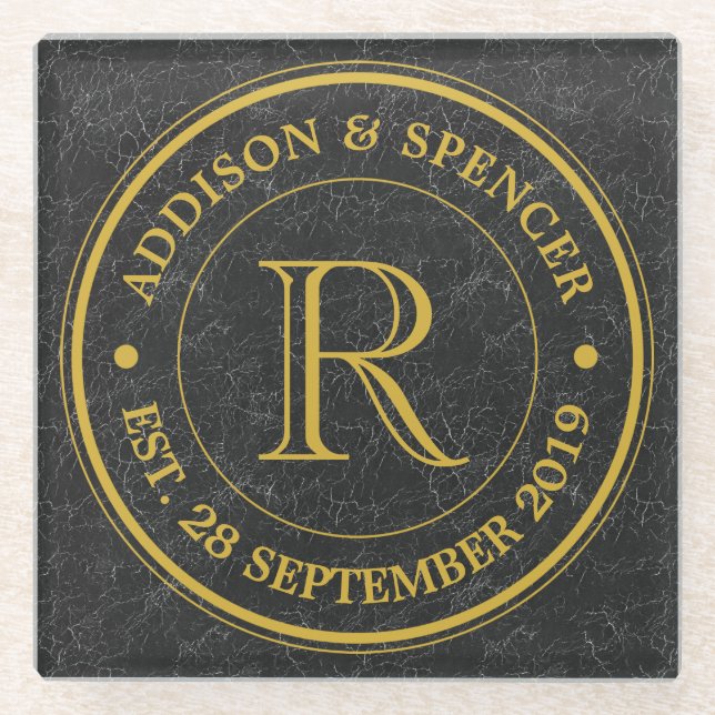 Gold Monogram Black Leather Wedding Anniversary Glass Coaster (Front)