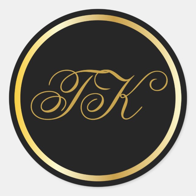 Gold Monogram Black Round Stickers (Front)