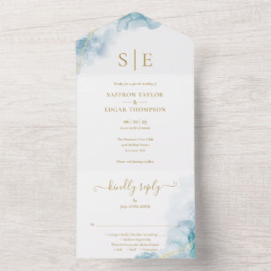 Gold Monogram Blue Watercolor Wedding All In One Invitation