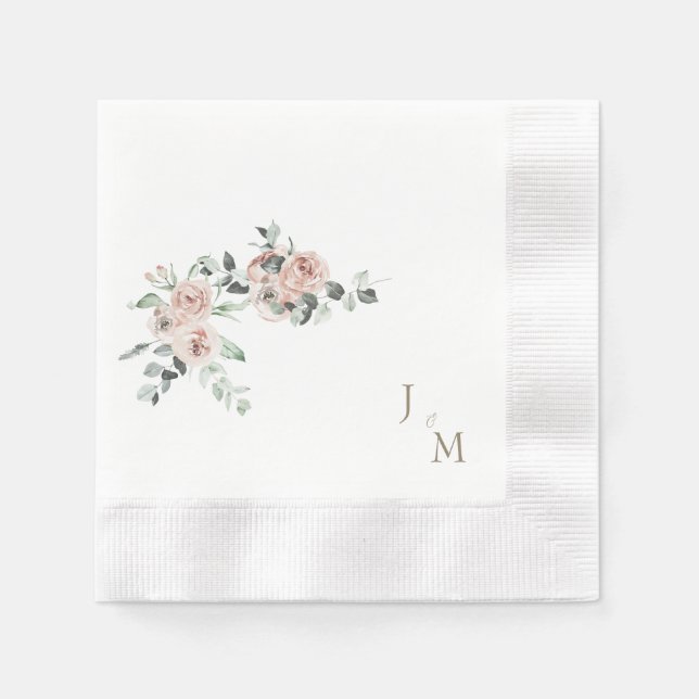 Gold  Monogram Blush Floral Wedding Coined Napkin (Front)