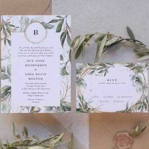 Gold Monogram Botanical Eucalyptus Circles Moss Invitation