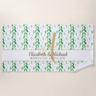 Gold Monogram Botanical Watercolor Greenery Weddin Beach Towel