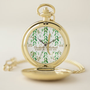 Gold Monogram Botanical Watercolor Greenery Weddin Pocket Watch