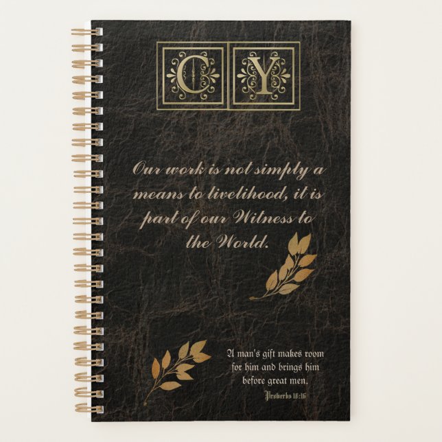 Gold Monogram Brown Leather Business Planner (Front)