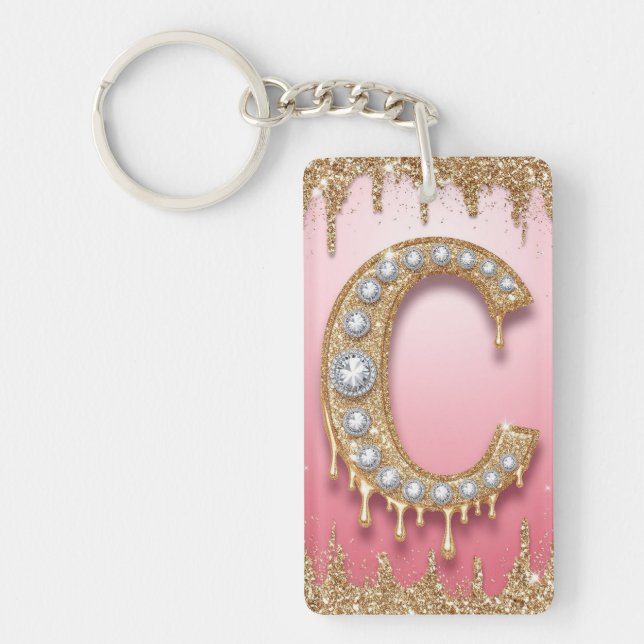 Gold Monogram C Diamond Letter Pink Gift For Mum Key Ring (Front)