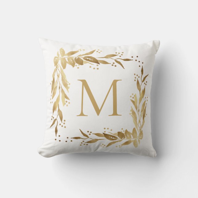 Gold Monogram Christmas Wreath on White Cushion (Front)