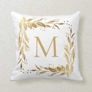 Gold Monogram Christmas Wreath on White Cushion