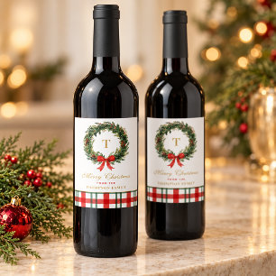 Gold Monogram Christmas Wreath Red Green Plaid Wine Label
