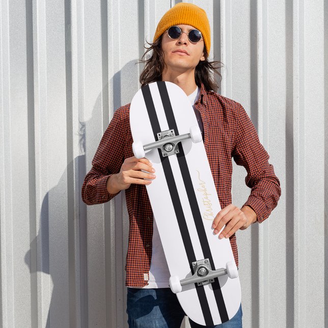 Gold Monogram Classic Black White Racing Stripes Skateboard (Gold Monogram Classic Black White Racing Stripes Skateboard)