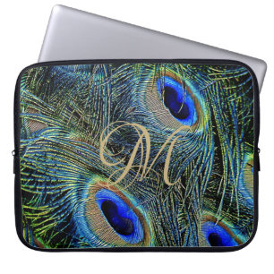 Gold Monogram Colourful Peacock Feathers Laptop Sleeve