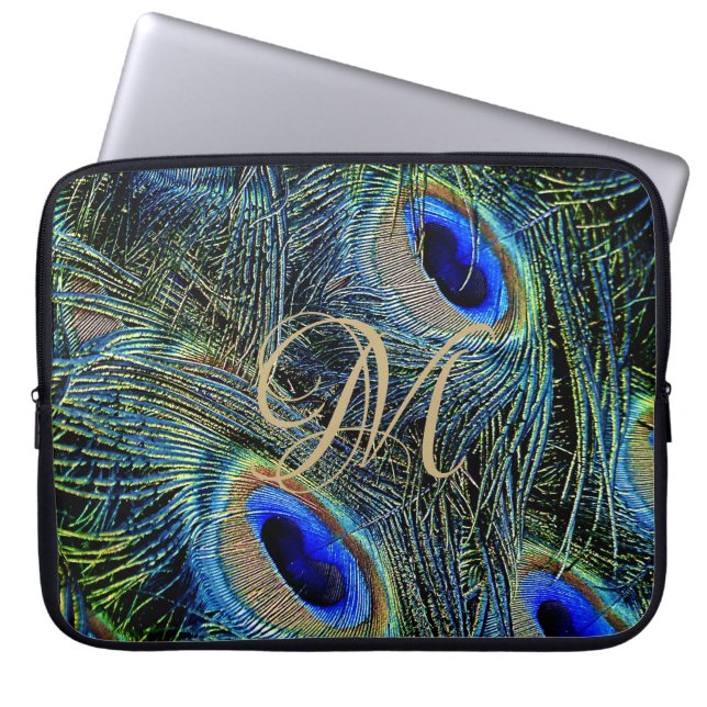 Gold Monogram Colourful Peacock Feathers  Laptop Sleeve (Front)