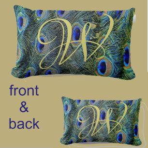 Gold Monogram Colourful Peacock Feathers Lumbar Cushion