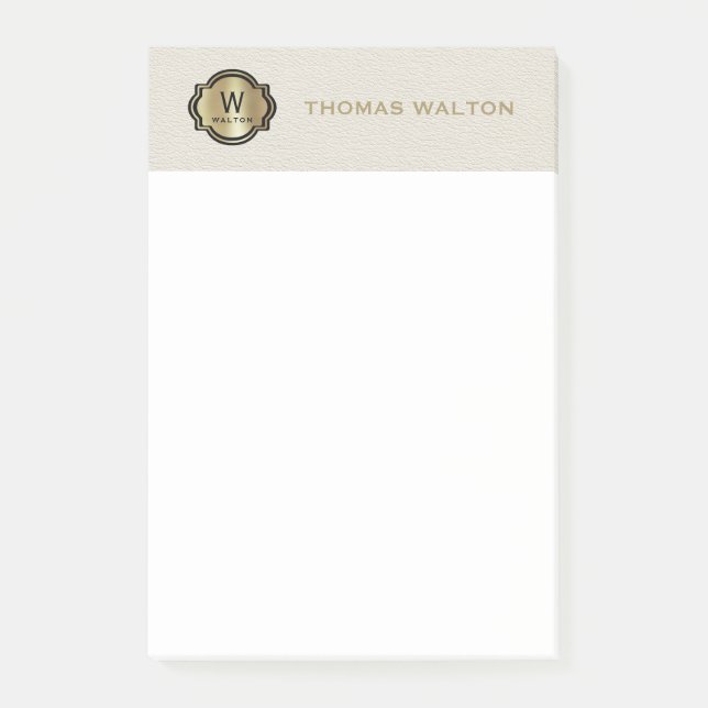 Gold Monogram Creamy White Leather Look Elegant Post-it Notes (Front)