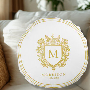Gold Monogram Crest Round Cushion