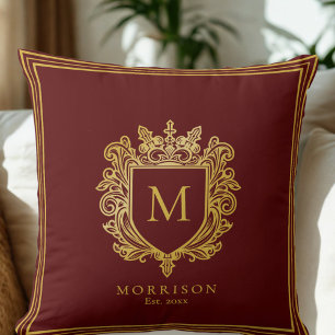 Gold Monogram Crest Throw Pillow