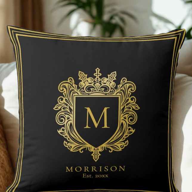 Gold Monogram Crest Throw Pillow (Creator Uploaded)