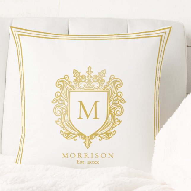 Gold Monogram Crest Throw Pillow (Creator Uploaded)