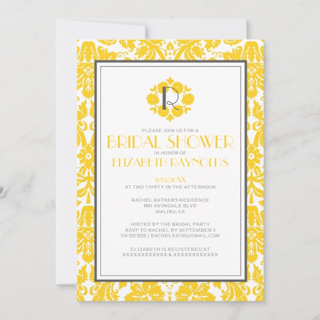 Gold Monogram Damask Bridal Shower Invitations (Front)
