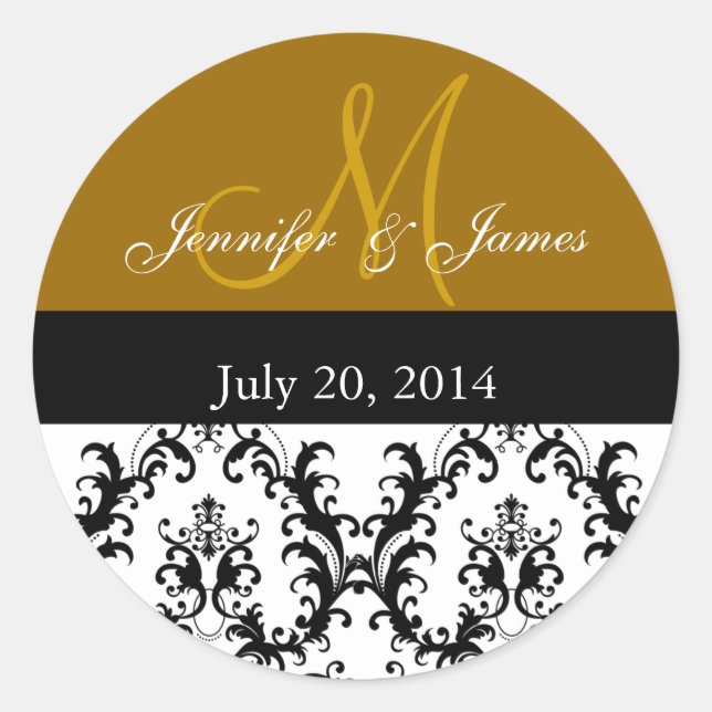 Gold Monogram Damask Wedding Stickers (Front)