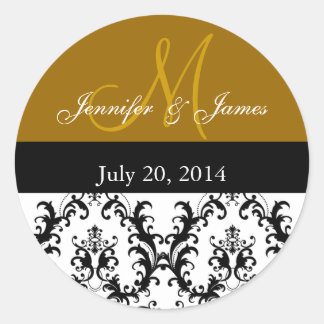 Gold Monogram Damask Wedding Stickers