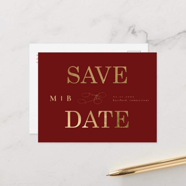 Gold Monogram Deep Red Wedding Save the Date Announcement Postcard (Front/Back In Situ)