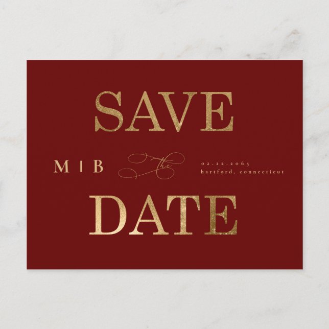 Gold Monogram Deep Red Wedding Save the Date  Postcard (Front)