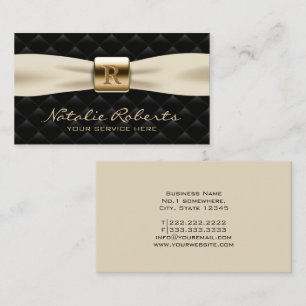 Gold Monogram Diamond Quilted Ivory Ribbon Black Business Card