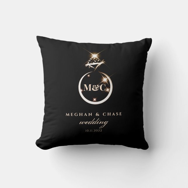 Gold Monogram Diamond Ring Wedding Save The Date Cushion (Front)