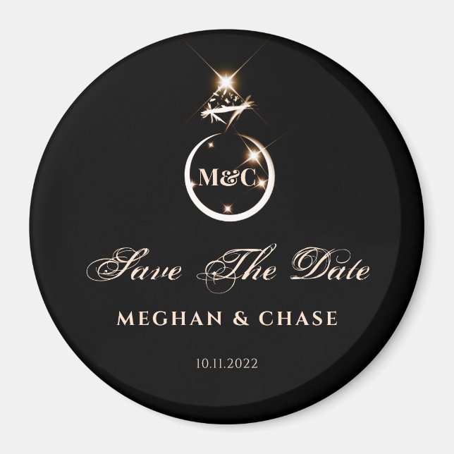 Gold Monogram Diamond Ring Wedding Save The Date Magnet (Front)