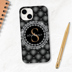 Gold Monogram Diamonds Tufted Black Elegant Custom Case-Mate iPhone 14 Case