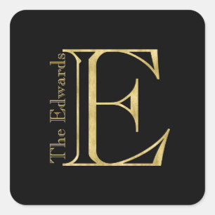 Gold Monogram E and Name on Any Colour Square Sticker