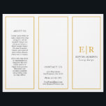 Gold Monogram Elegant Business Trifold Brochure<br><div class="desc">Elegant brochure with faux gold borders over white. The front has your monogram in faux gold along with your business name and service. The back panel has your contact information and the inner fold panel has an "About Us" section. The inside has multiple templates for information about your business on...</div>