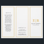 Gold Monogram Elegant Business Trifold Brochure<br><div class="desc">Elegant brochure with faux gold borders over white. The front has your monogram in faux gold along with your business name and service. The back panel has your contact information and the inner fold panel has an "About Us" section. The inside has multiple templates for information about your business on...</div>