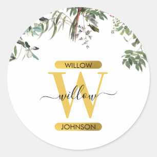 Gold Monogram Elegant Eucalyptus Greenery & Birds Classic Round Sticker