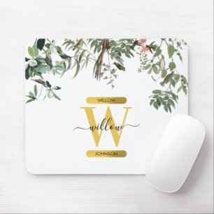 Gold Monogram Elegant Eucalyptus Greenery & Birds  Mouse Mat