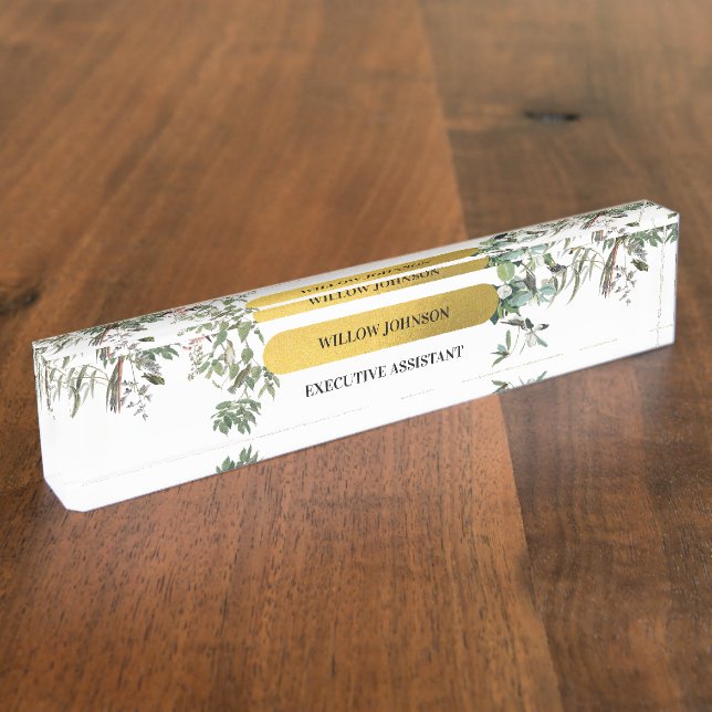 Gold Monogram Elegant Eucalyptus Greenery & Birds Nameplate (Side)