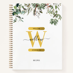 Gold Monogram Elegant Eucalyptus Greenery & Birds Notebook