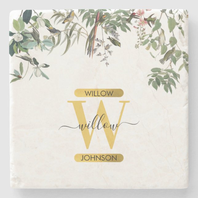 Gold Monogram Elegant Eucalyptus Greenery & Birds Stone Coaster (Front)