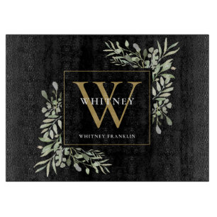 Gold Monogram Elegant Greenery Foliage Black Cutting Board