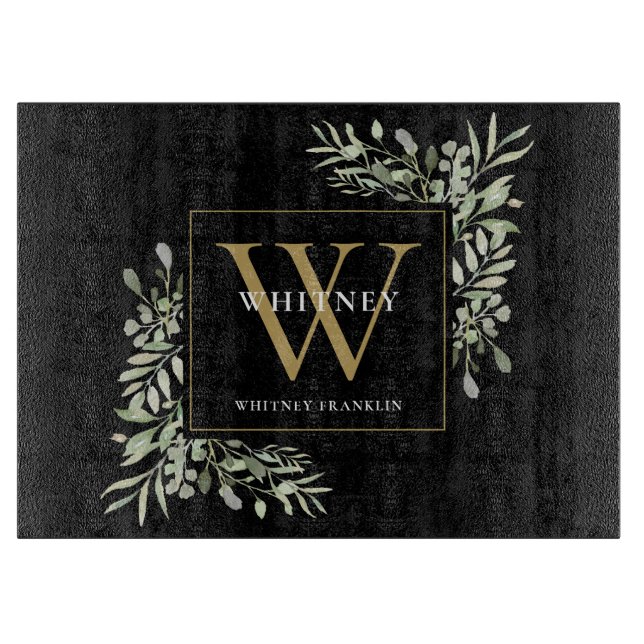 Gold Monogram Elegant Greenery Foliage Black Cutting Board (Front)