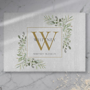 Gold Monogram Elegant Greenery Foliage Cutting Board