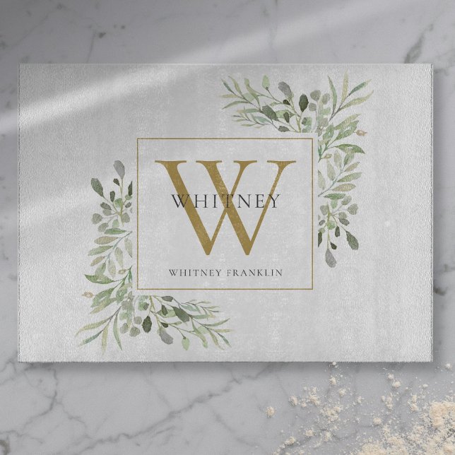 Gold Monogram Elegant Greenery Foliage Cutting Board (Gold Monogram Elegant Greenery Foliage Cutting Board)