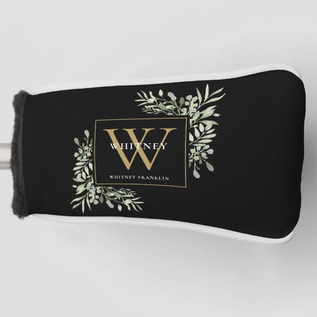 Gold Monogram Elegant Modern Greenery Black Golf Head Cover (Front)