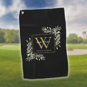 Gold Monogram Elegant Modern Greenery Black Golf Towel