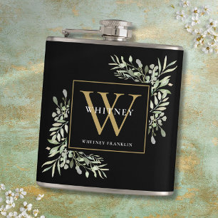 Gold Monogram Elegant Modern Greenery Black Hip Flask