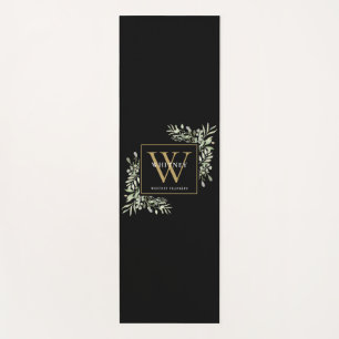 Gold Monogram Elegant Modern Greenery Black Yoga Mat