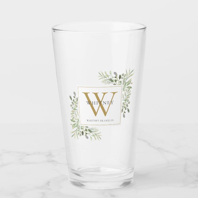 Gold Monogram Elegant Modern Greenery Glass (Front)