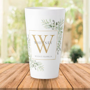 Gold Monogram Elegant Modern Greenery Latte Mug