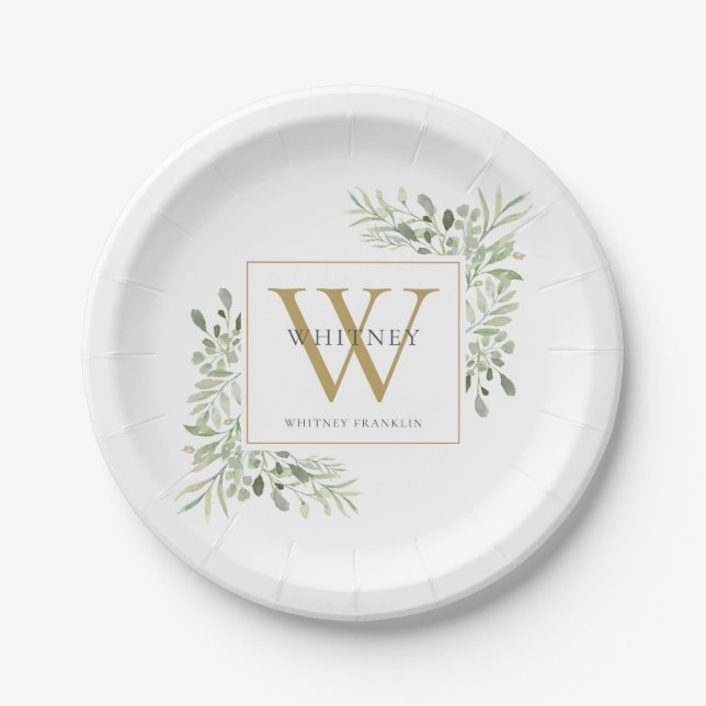 Gold Monogram Elegant Modern Greenery Paper Plate (Front)