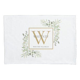 Gold Monogram Elegant Modern Greenery Pillow Case